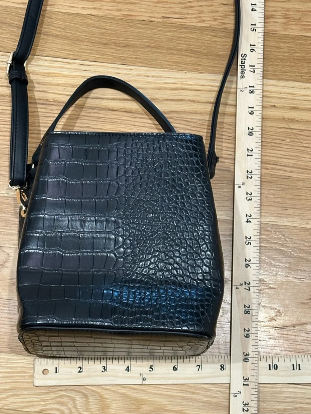 Vegan Croc-Embossed Black Top-Handle Aota Elena Bucket Bag Crossbody
